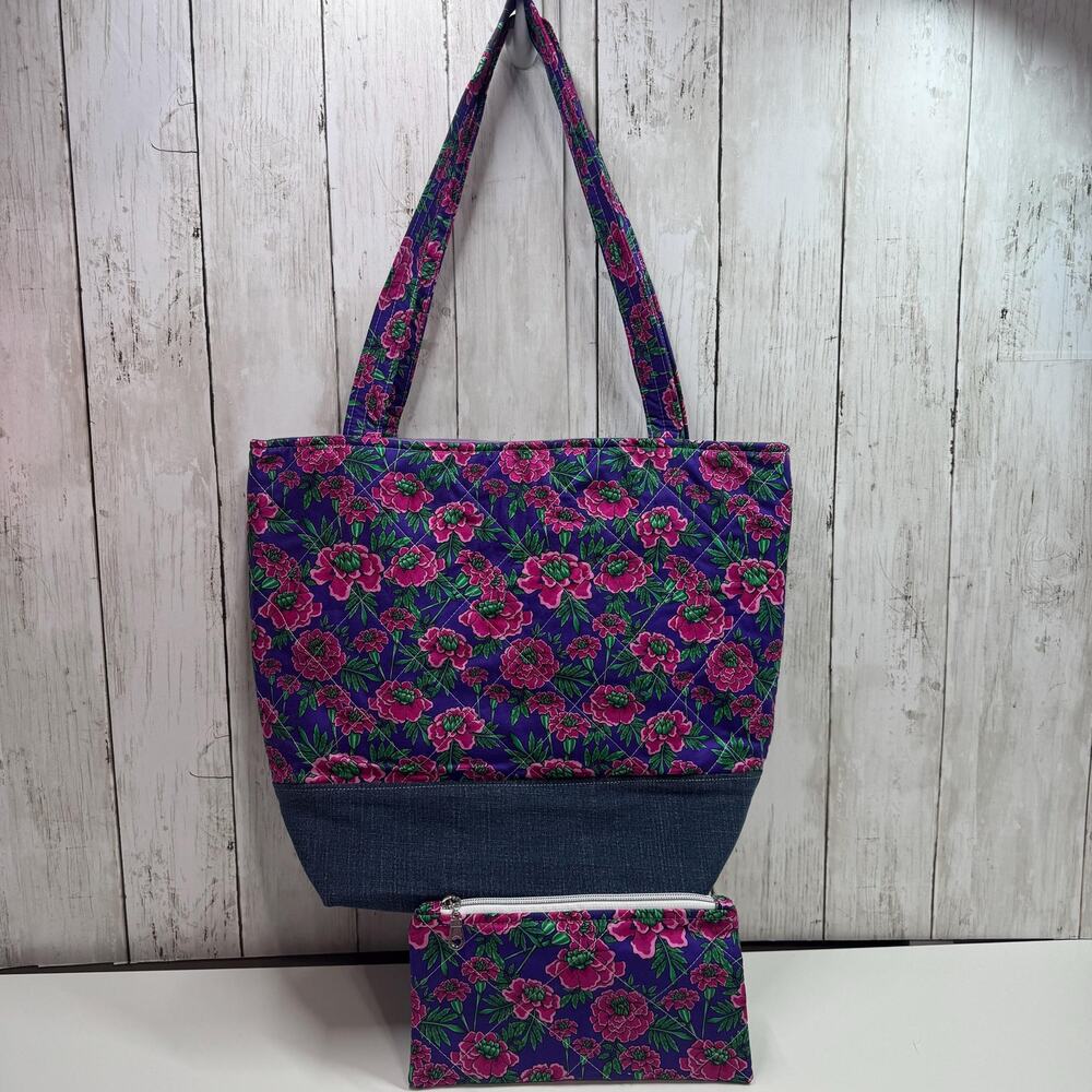 Quilted Purple Floral Tote Bag Denim Accent : Matching Zipper Pouch Included